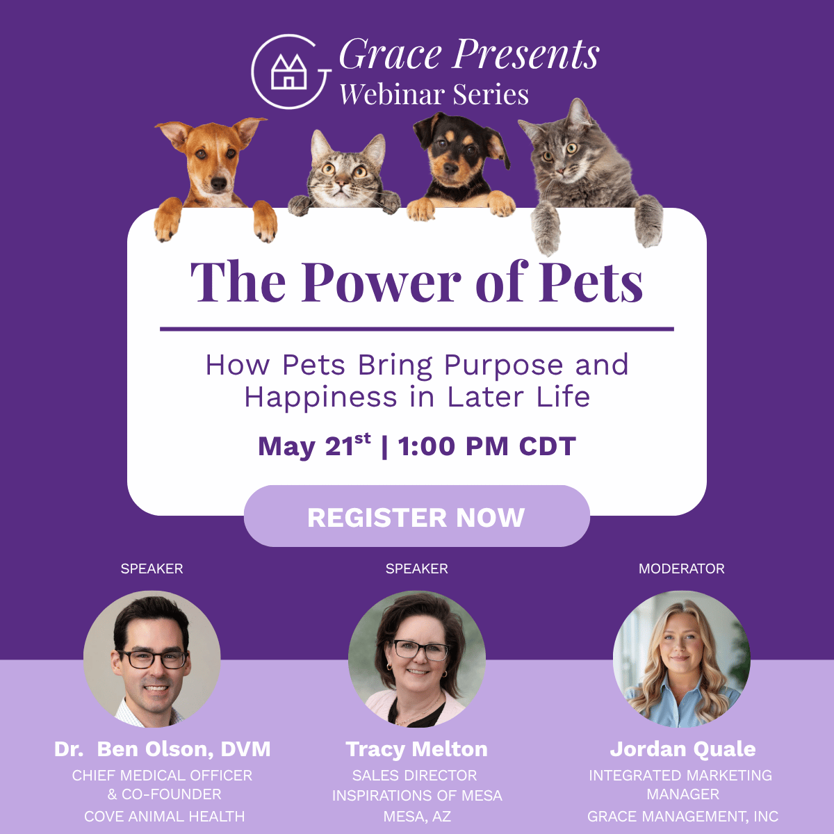 Promotional banner for Grace Presents Webinar Series: The Power of Pets with four pets peeking over a sign and a Register Now button.