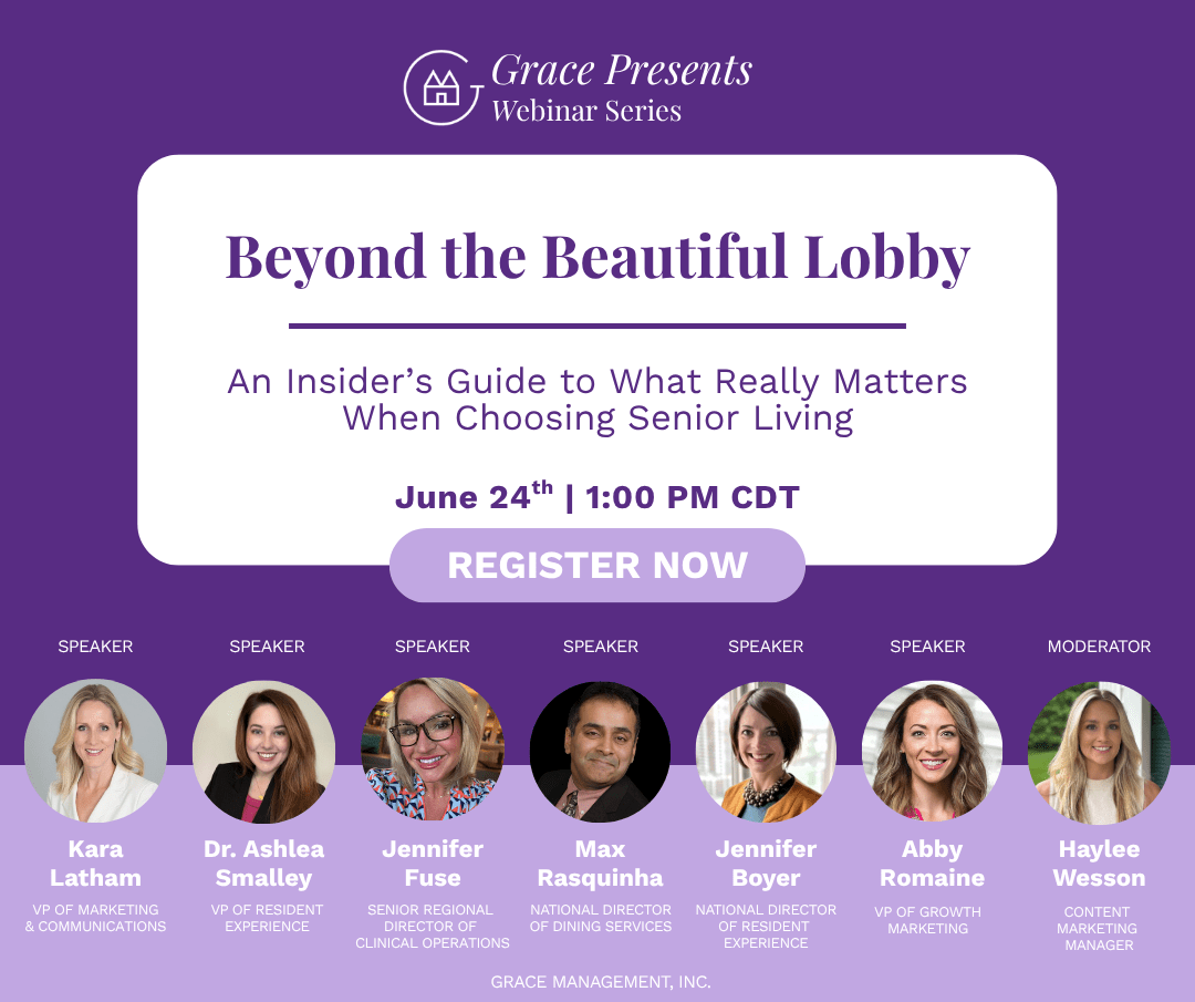 Promotional webinar poster for 'Beyond the Beautiful Lobby' with date, register button, and seven speaker headshots including a moderator Kin the lineup.