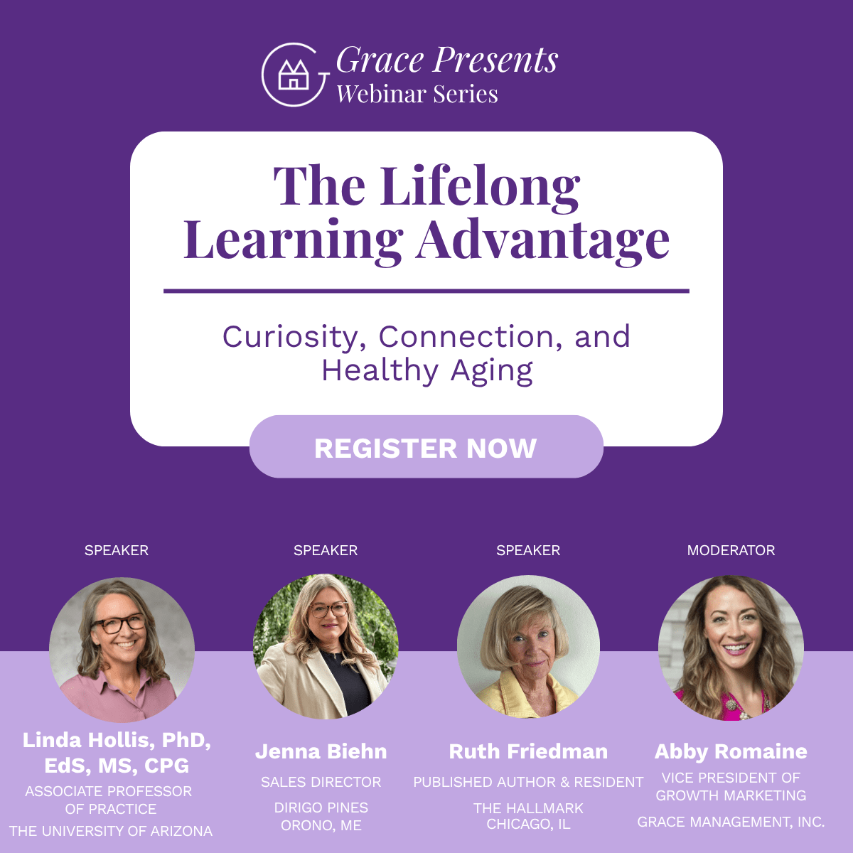 Grace Presents Webinar banner: The Lifelong Learning Advantage with a Register Now button and four speaker headshots with titles.